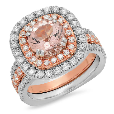 LBWS0005 Morganite Center Stone Set 2-Tone Double Halo Pave Setting